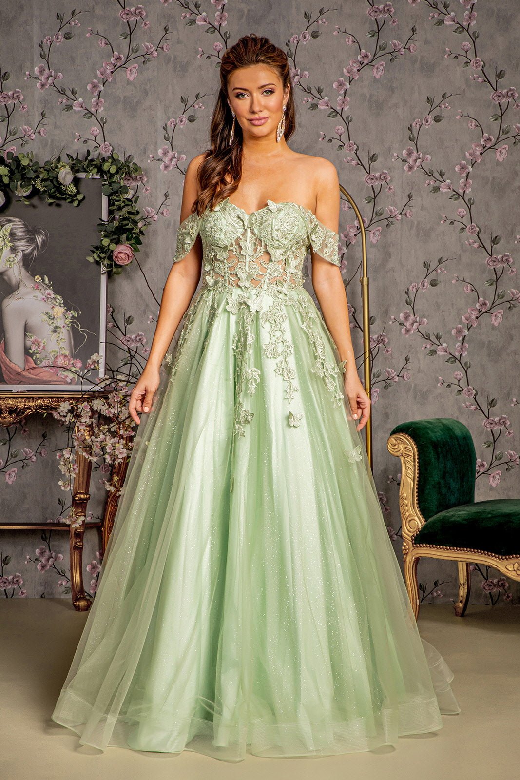 3 - D Butterfly Bead Sheer Bodice Mesh A - line Long Dress - Eco4life Clothing and Accessories