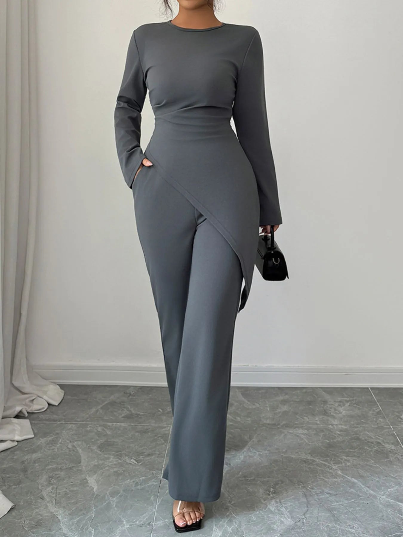 Asymmetric Long Sleeve Top and Pants Set - Eco4life Clothing and Accessories