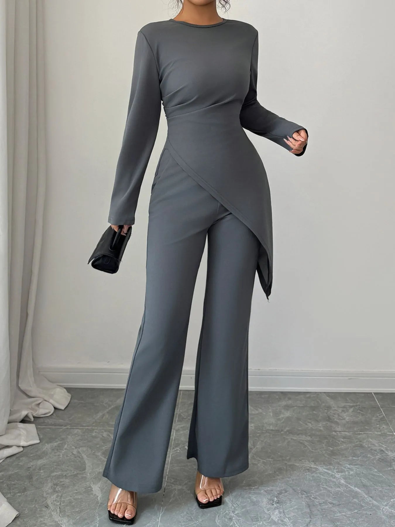Asymmetric Long Sleeve Top and Pants Set - Eco4life Clothing and Accessories