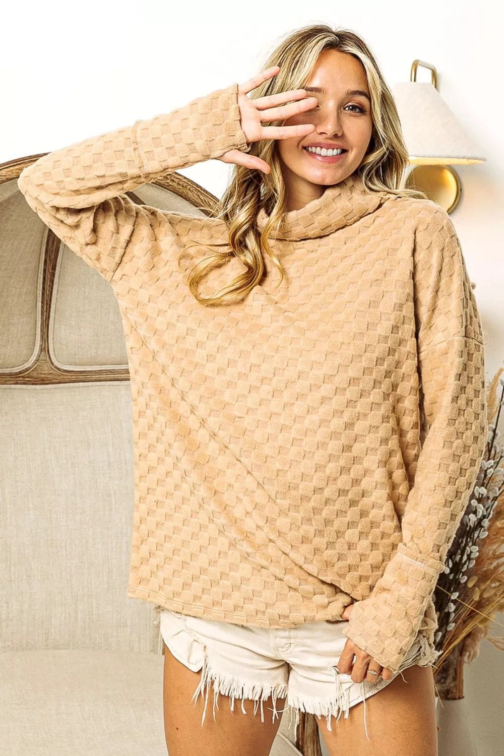 BiBi Checkered Round Neck Thumbhole Long Sleeve Top - Eco4life Clothing and Accessories