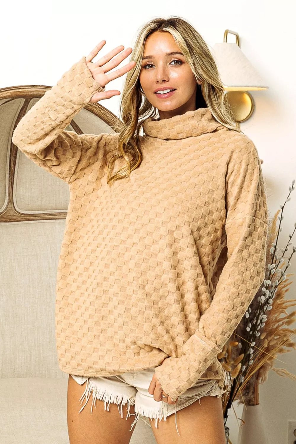 BiBi Checkered Round Neck Thumbhole Long Sleeve Top - Eco4life Clothing and Accessories