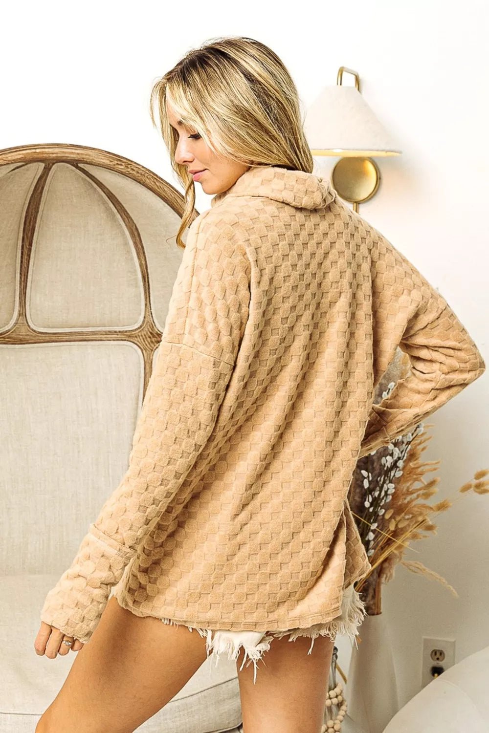 BiBi Checkered Round Neck Thumbhole Long Sleeve Top - Eco4life Clothing and Accessories