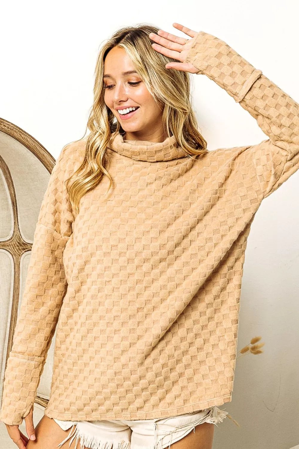 BiBi Checkered Round Neck Thumbhole Long Sleeve Top - Eco4life Clothing and Accessories