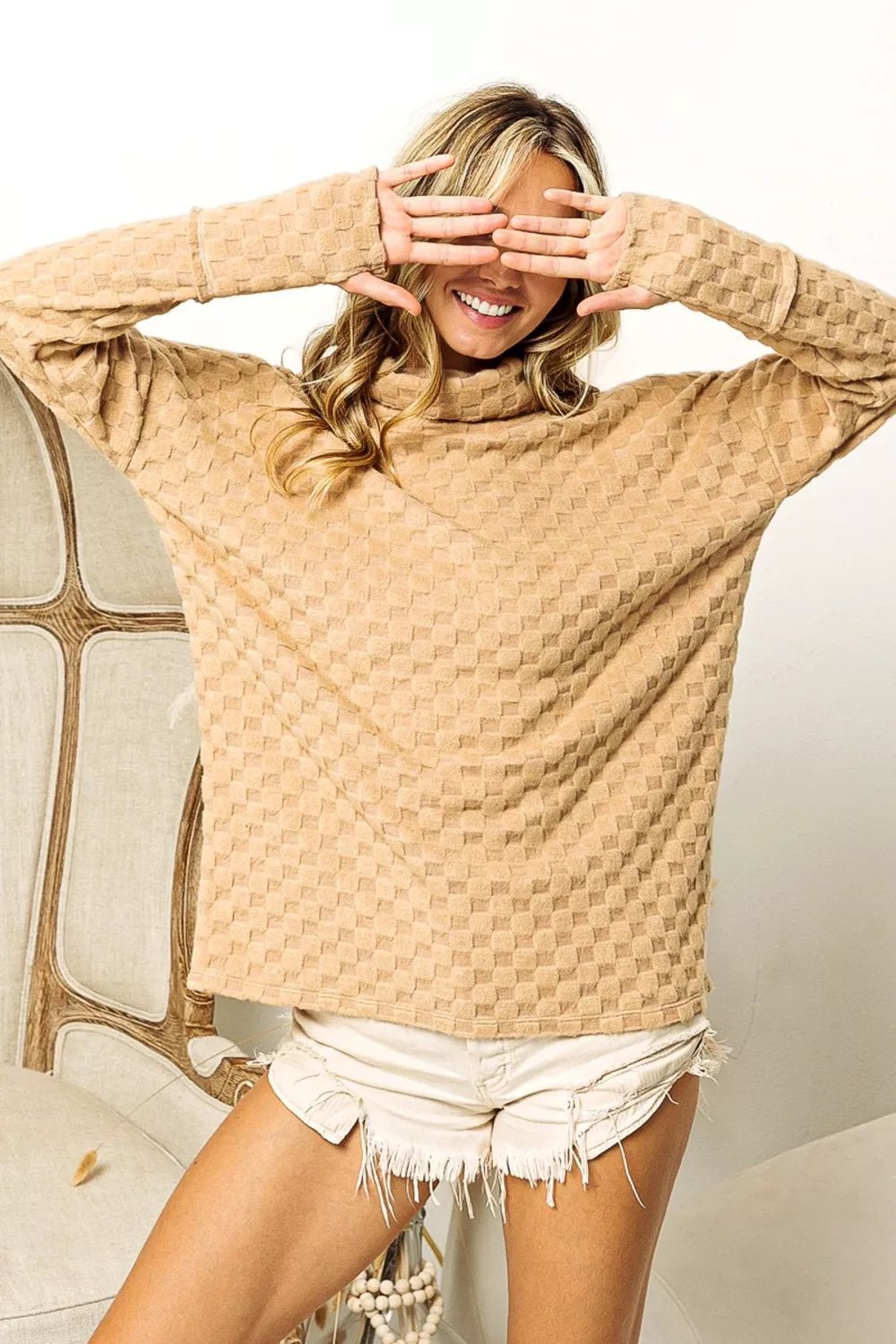 BiBi Checkered Round Neck Thumbhole Long Sleeve Top - Eco4life Clothing and Accessories