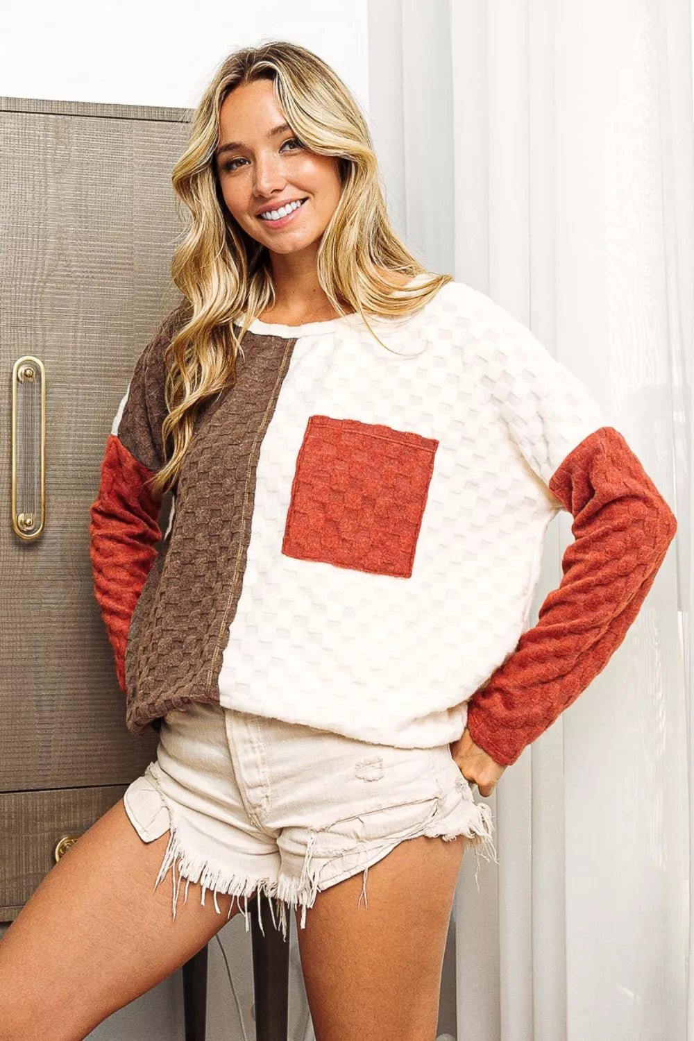 BiBi Color Block Brushed Checker Top - Eco4life Clothing and Accessories