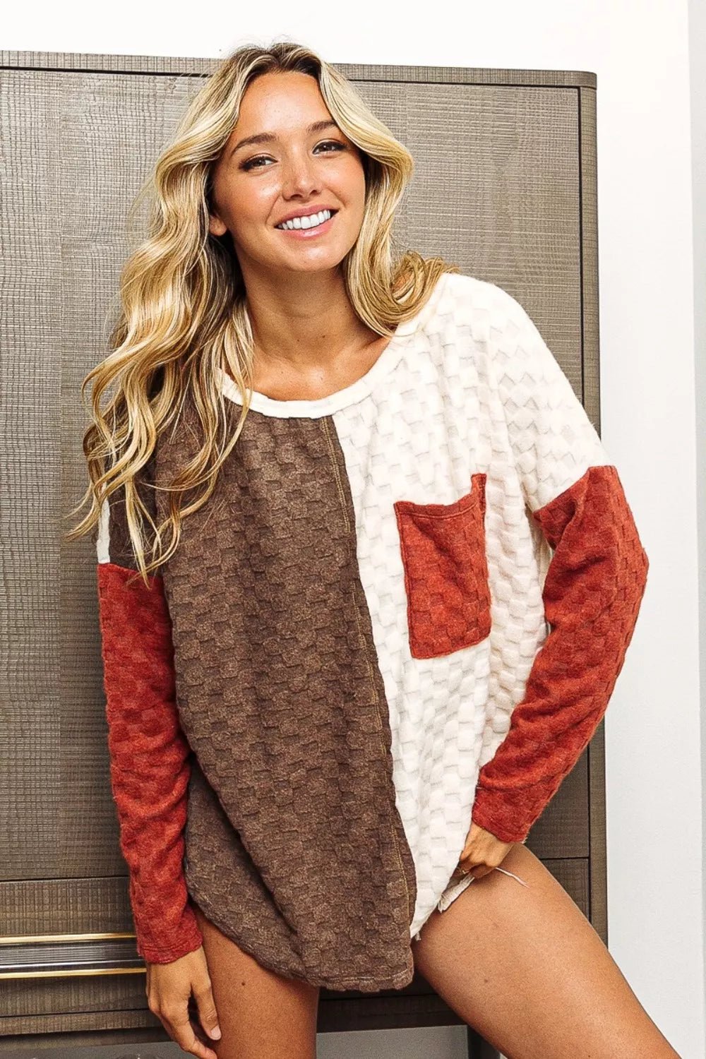 BiBi Color Block Brushed Checker Top - Eco4life Clothing and Accessories