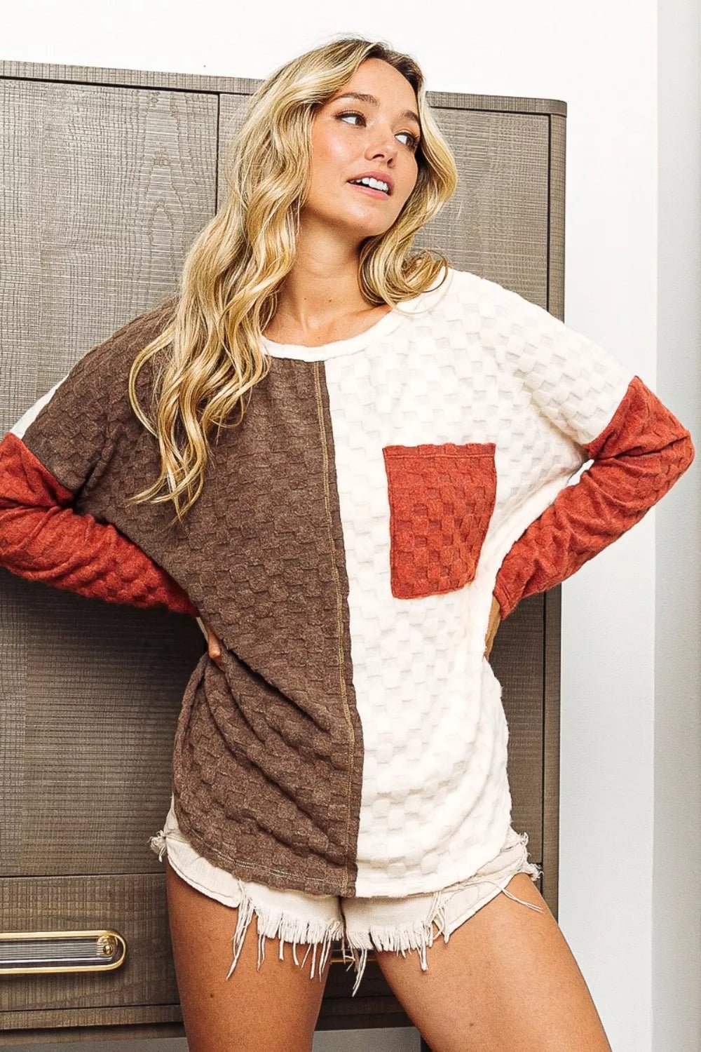 BiBi Color Block Brushed Checker Top - Eco4life Clothing and Accessories