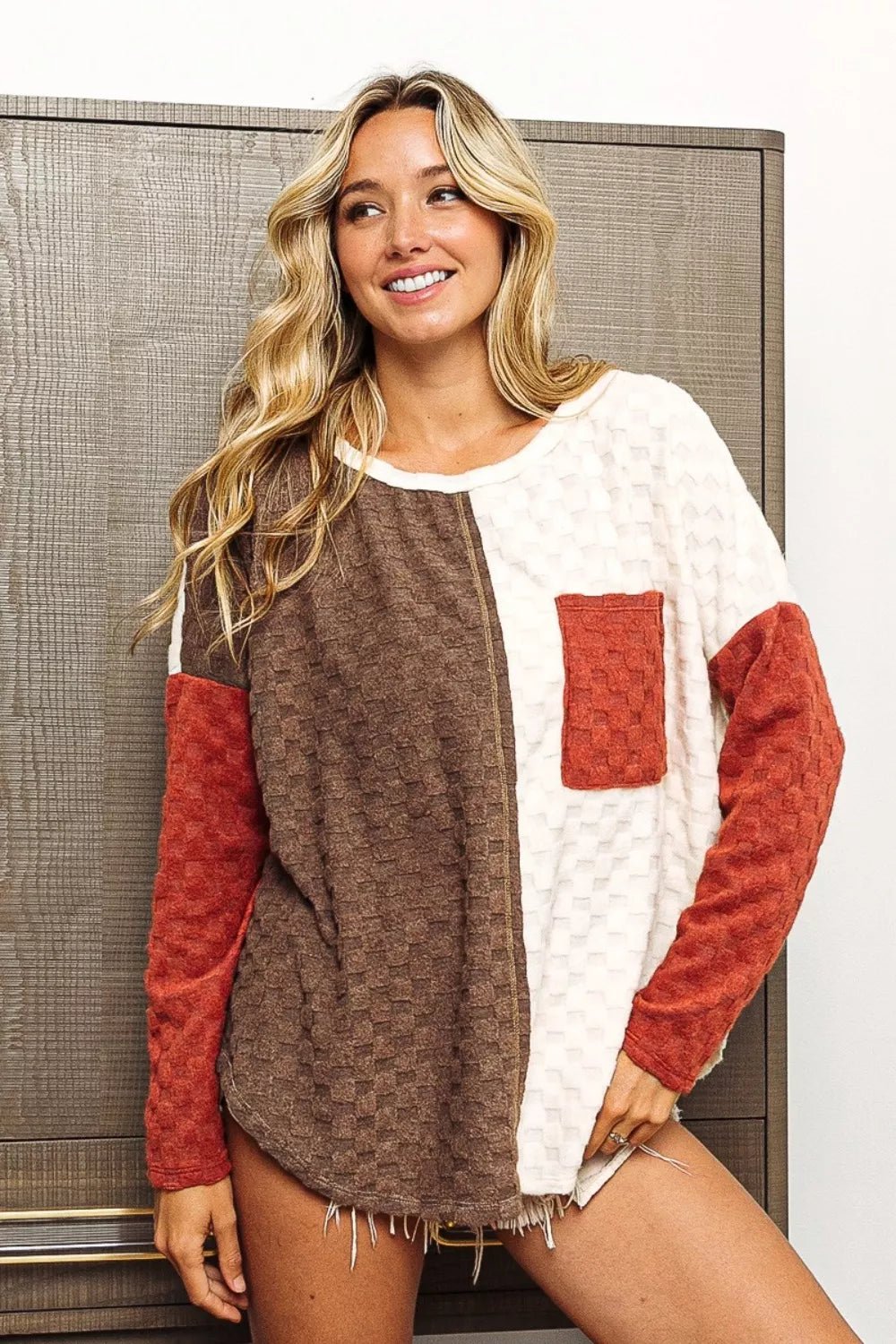 BiBi Color Block Brushed Checker Top - Eco4life Clothing and Accessories