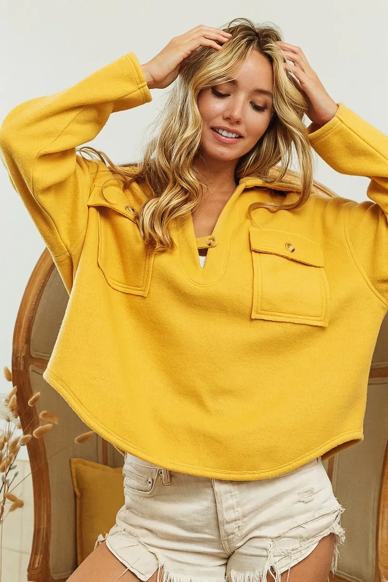 BiBi Flap Pockets Fleece Collared Sweatshirt - Eco4life Clothing and Accessories