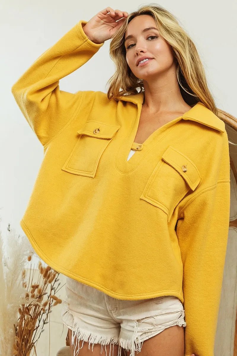 BiBi Flap Pockets Fleece Collared Sweatshirt - Eco4life Clothing and Accessories