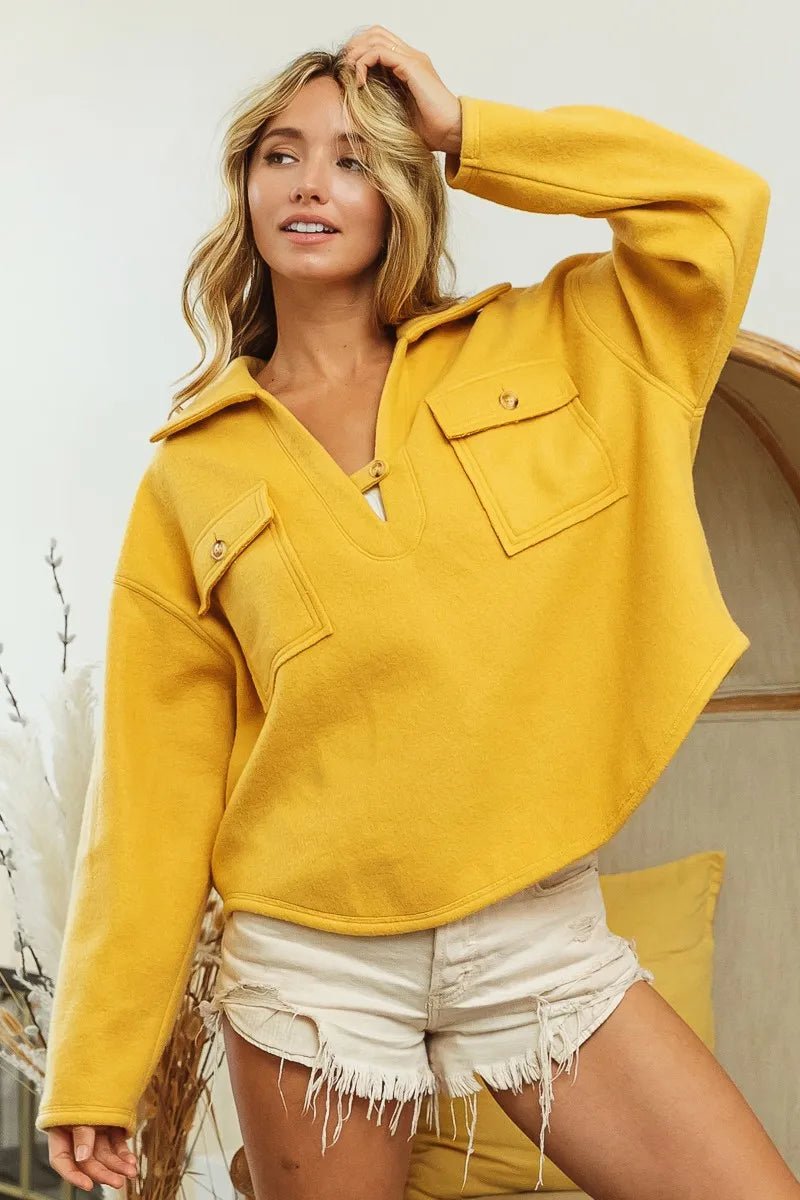 BiBi Flap Pockets Fleece Collared Sweatshirt - Eco4life Clothing and Accessories