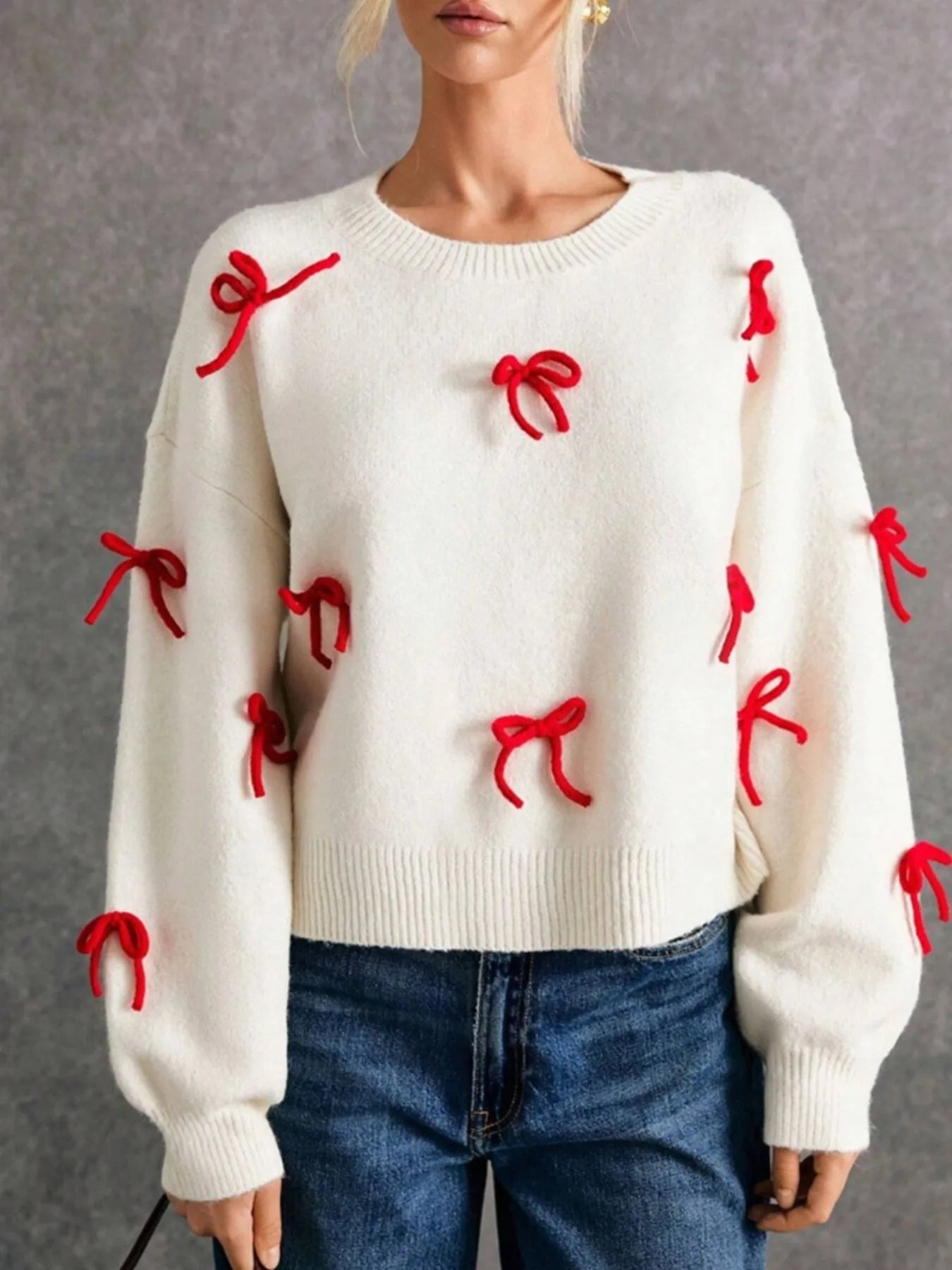 Bow Contrast Round Neck Long Sleeve Sweater - Eco4life Clothing and Accessories