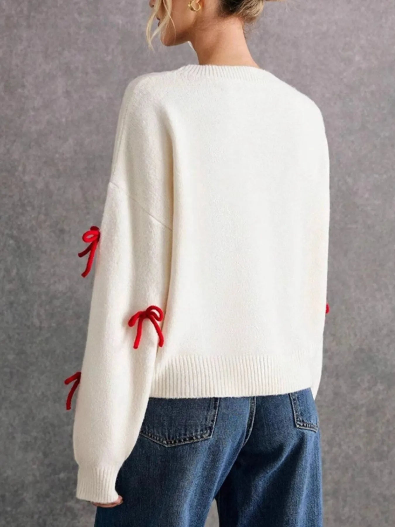 Bow Contrast Round Neck Long Sleeve Sweater - Eco4life Clothing and Accessories