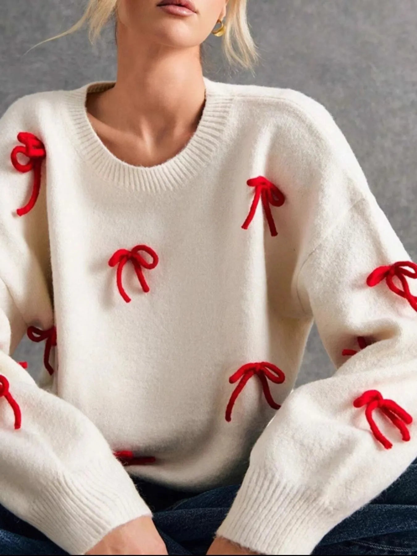 Bow Contrast Round Neck Long Sleeve Sweater - Eco4life Clothing and Accessories