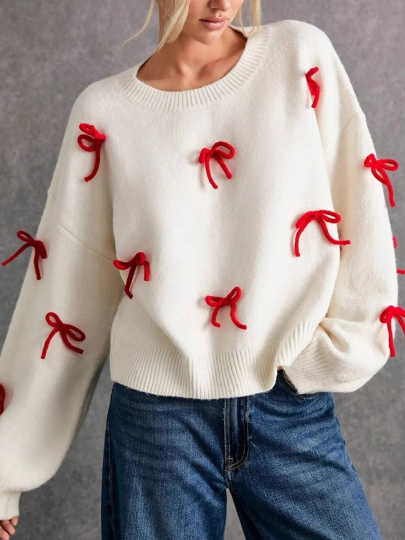 Bow Contrast Round Neck Long Sleeve Sweater - Eco4life Clothing and Accessories