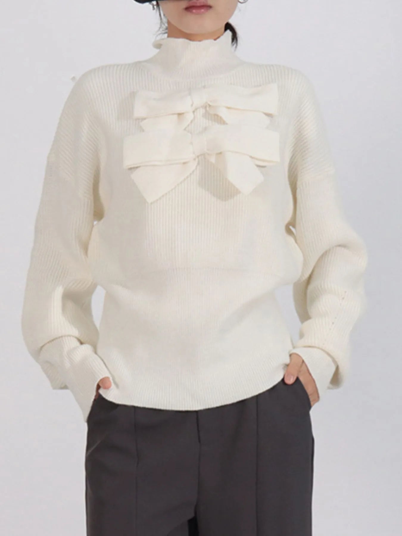 Bow Front Turtleneck Long Sleeve Sweater - Eco4life Clothing and Accessories
