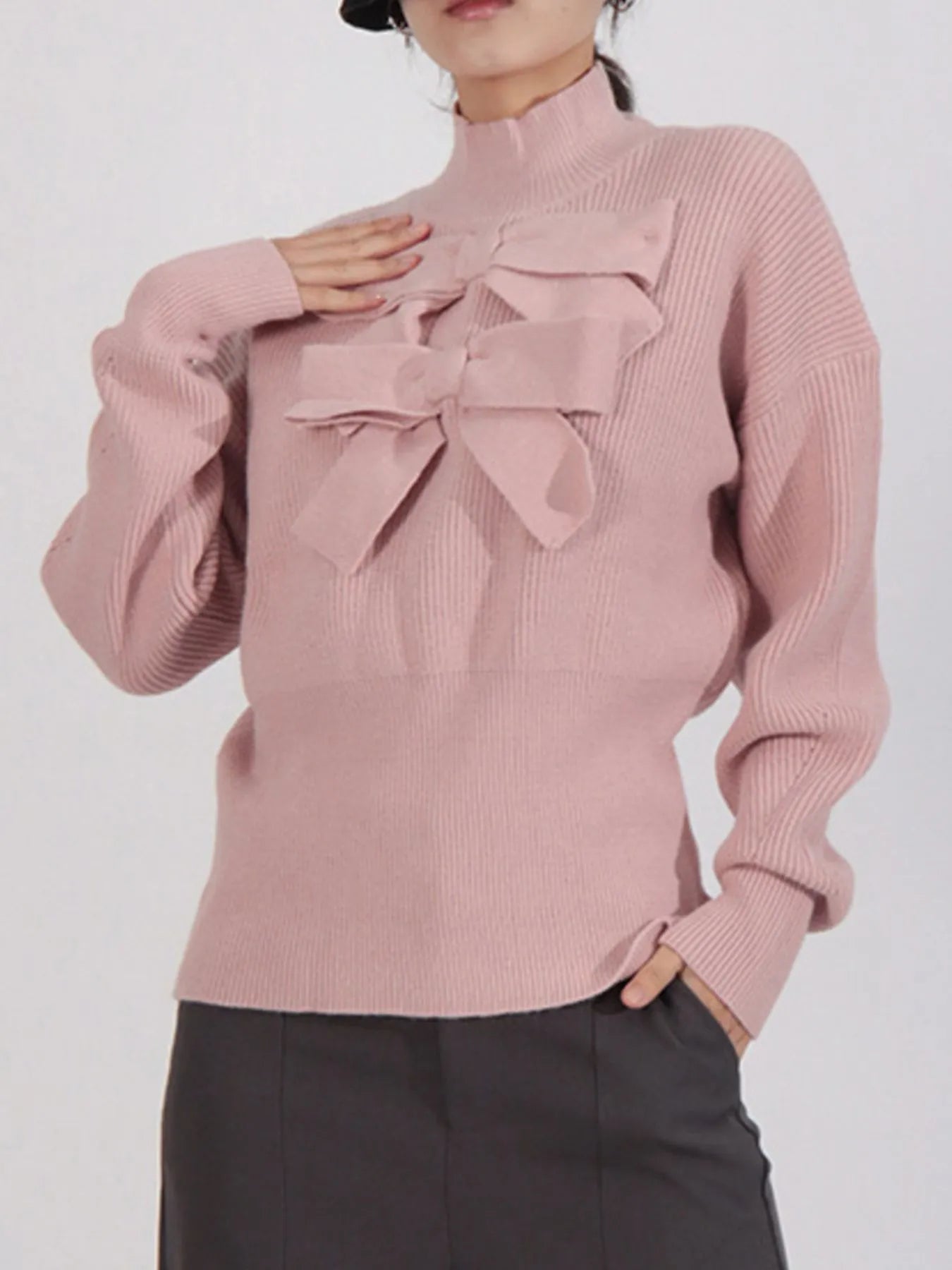 Bow Front Turtleneck Long Sleeve Sweater - Eco4life Clothing and Accessories