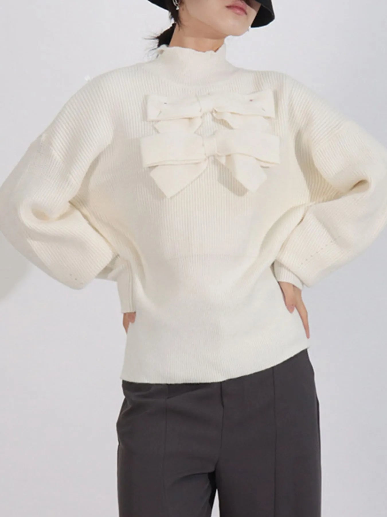 Bow Front Turtleneck Long Sleeve Sweater - Eco4life Clothing and Accessories