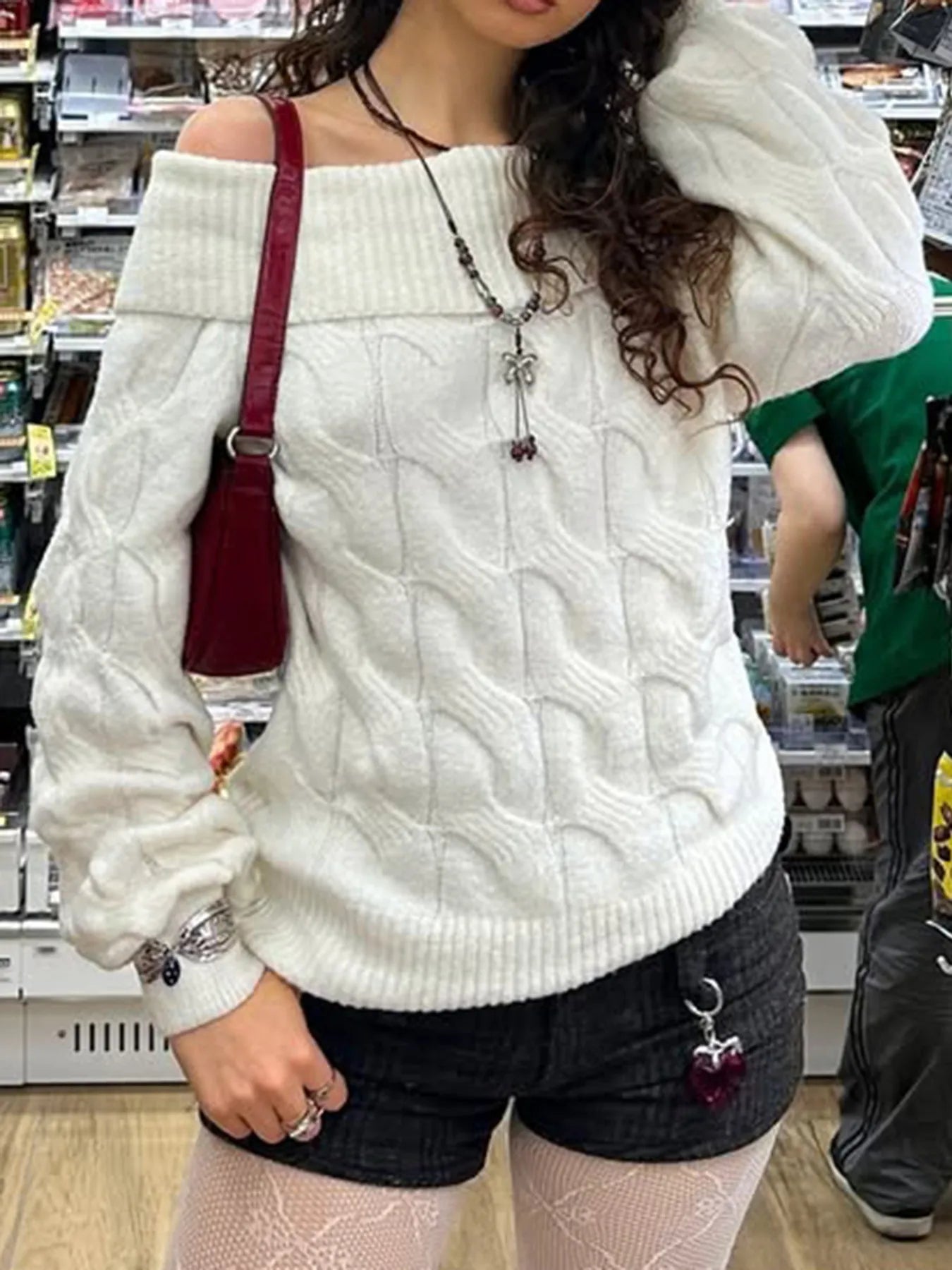 Cable Knit Off - Shoulder Sweater - Eco4life Clothing and Accessories