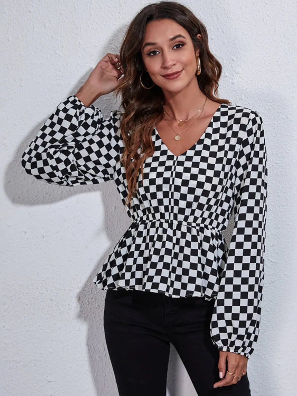 Checkered V - Neck Balloon Sleeve Peplum Blouse - Eco4life Clothing and Accessories