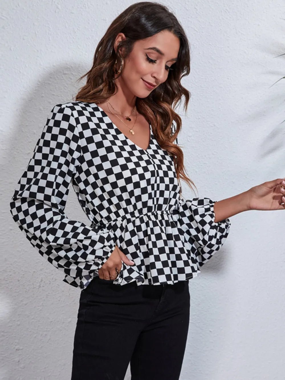 Checkered V - Neck Balloon Sleeve Peplum Blouse - Eco4life Clothing and Accessories