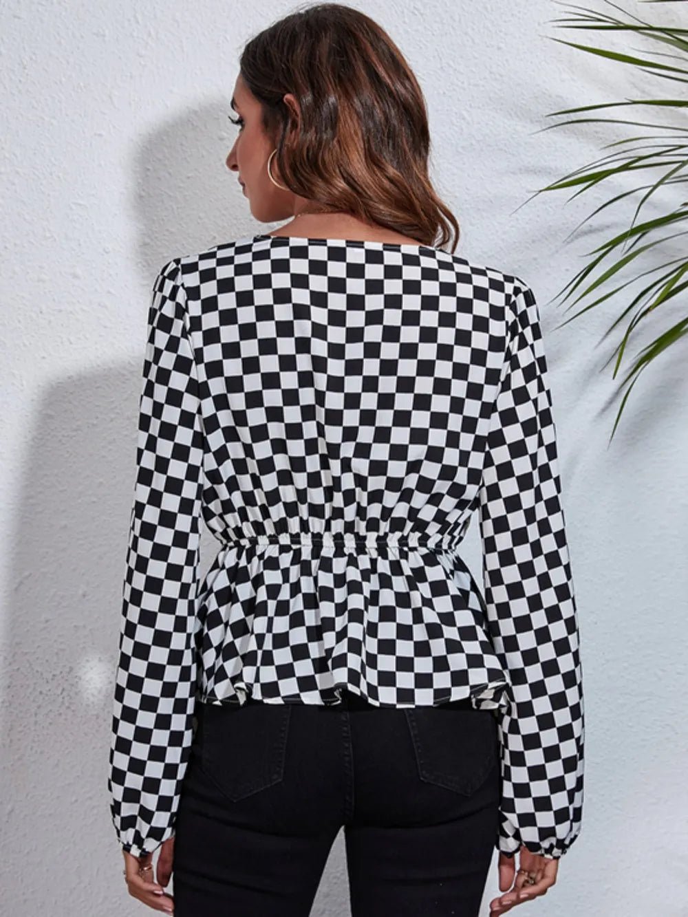 Checkered V - Neck Balloon Sleeve Peplum Blouse - Eco4life Clothing and Accessories