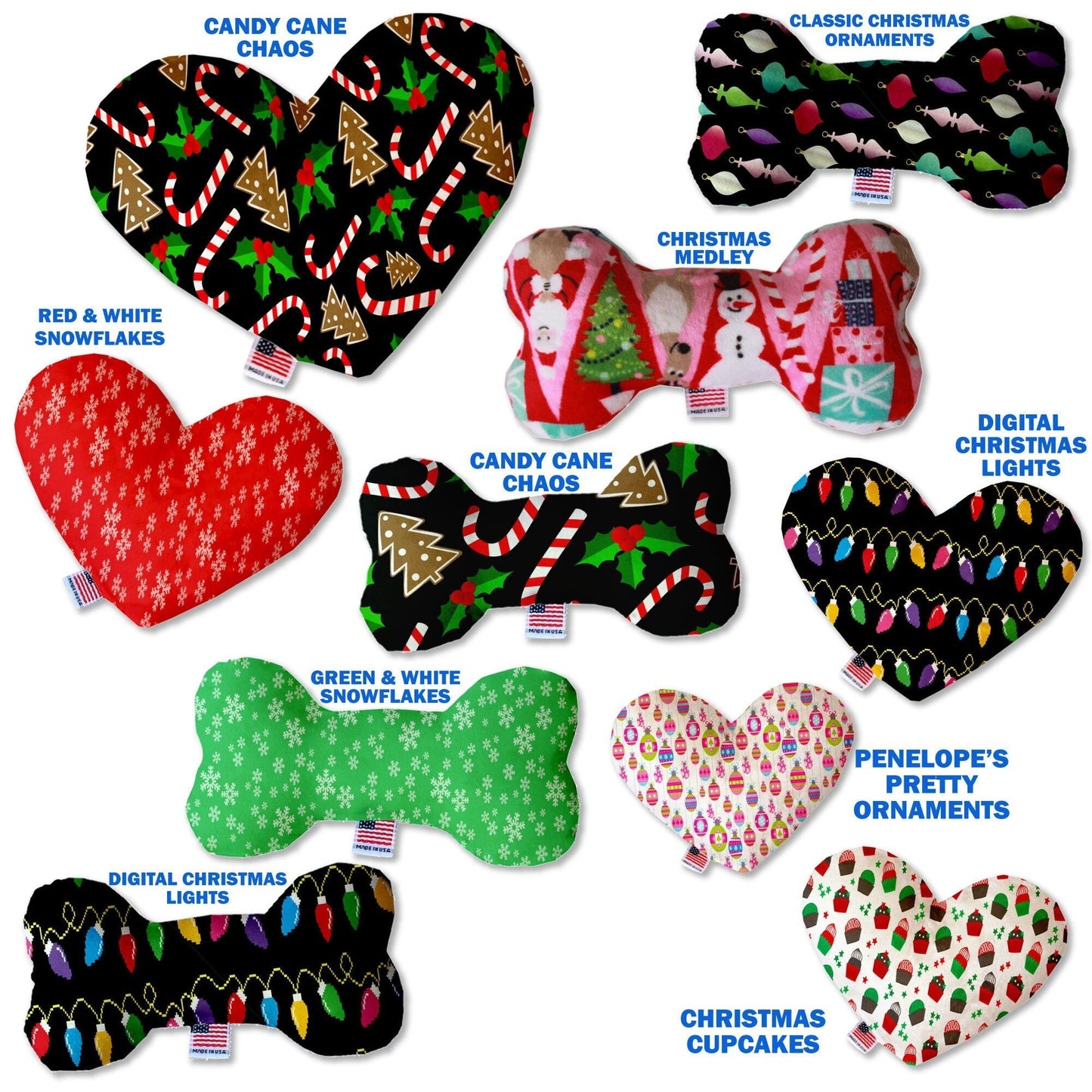 Christmas Pet and Dog Plush Heart or Bone Toy, "Candy Cane Lane Group" (Available in different sizes and 8 different patterns!) - Eco4life Clothing and Accessories