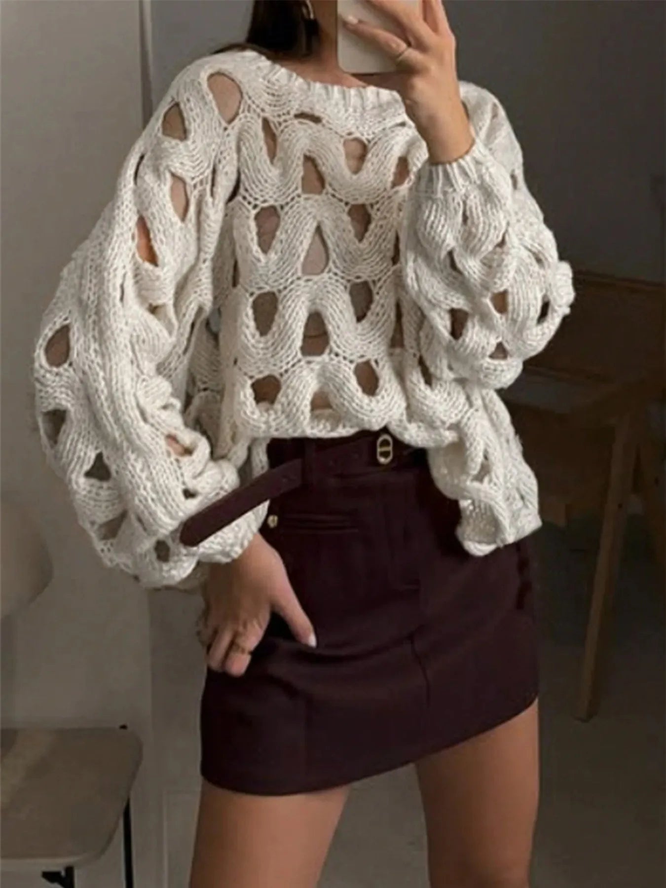 Chunky Cable Knit Hollow Out Sweater - Eco4life Clothing and Accessories