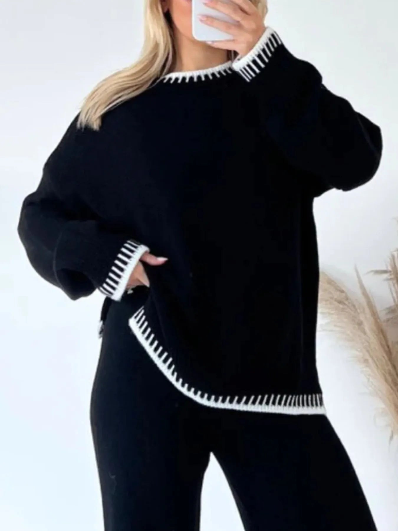 Contrast Trim Round Neck Top and Pants Sweater Set - Eco4life Clothing and Accessories