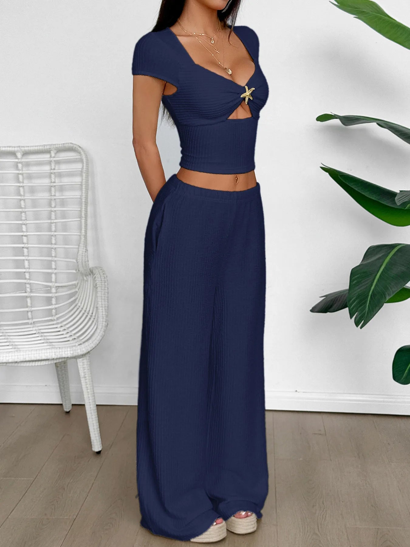 Cutout Short Sleeve Top and Pants Set - Eco4life Clothing and Accessories