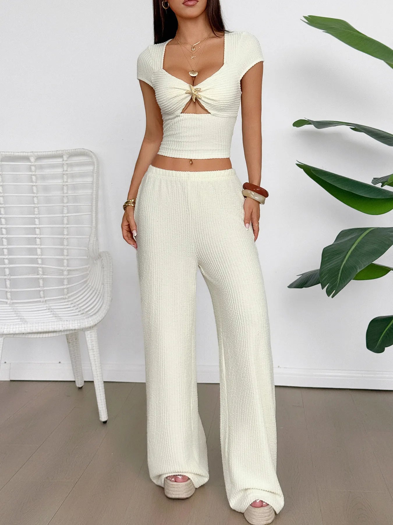 Cutout Short Sleeve Top and Pants Set - Eco4life Clothing and Accessories
