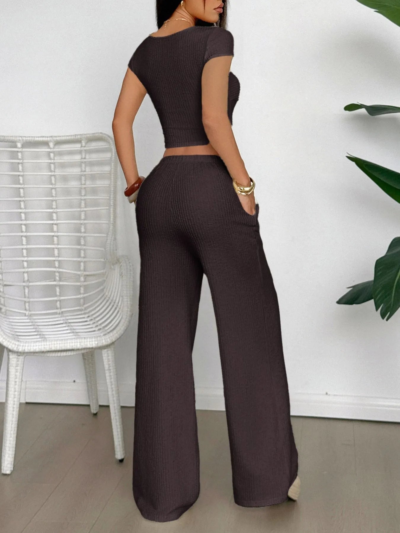 Cutout Short Sleeve Top and Pants Set - Eco4life Clothing and Accessories
