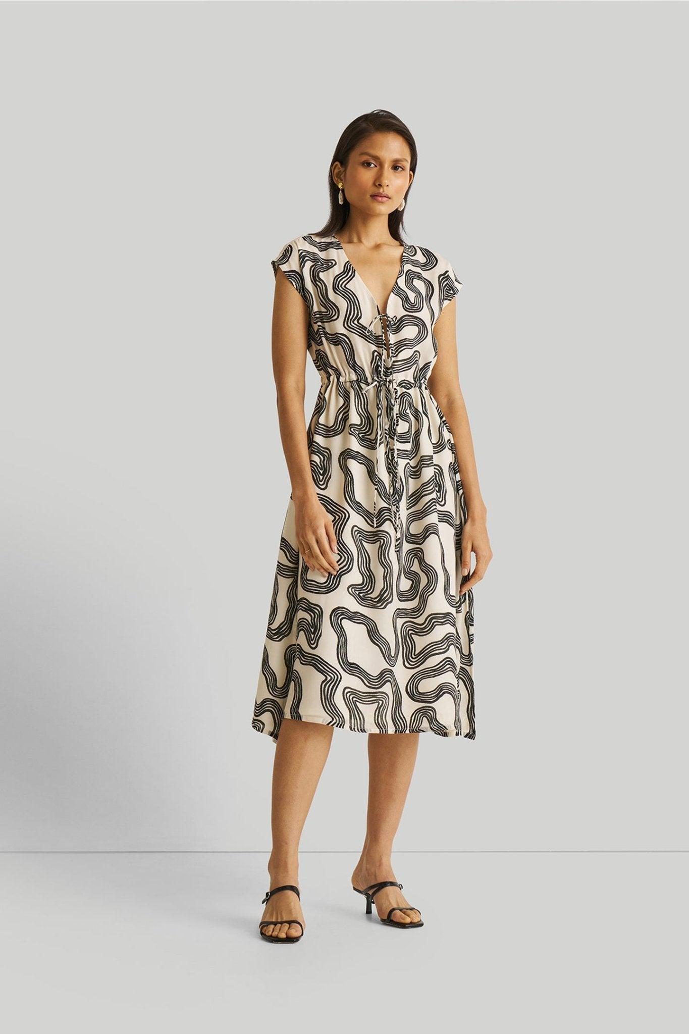 Deep V - neck Gathered Dress in Black Stripes - Eco4life Clothing and Accessories