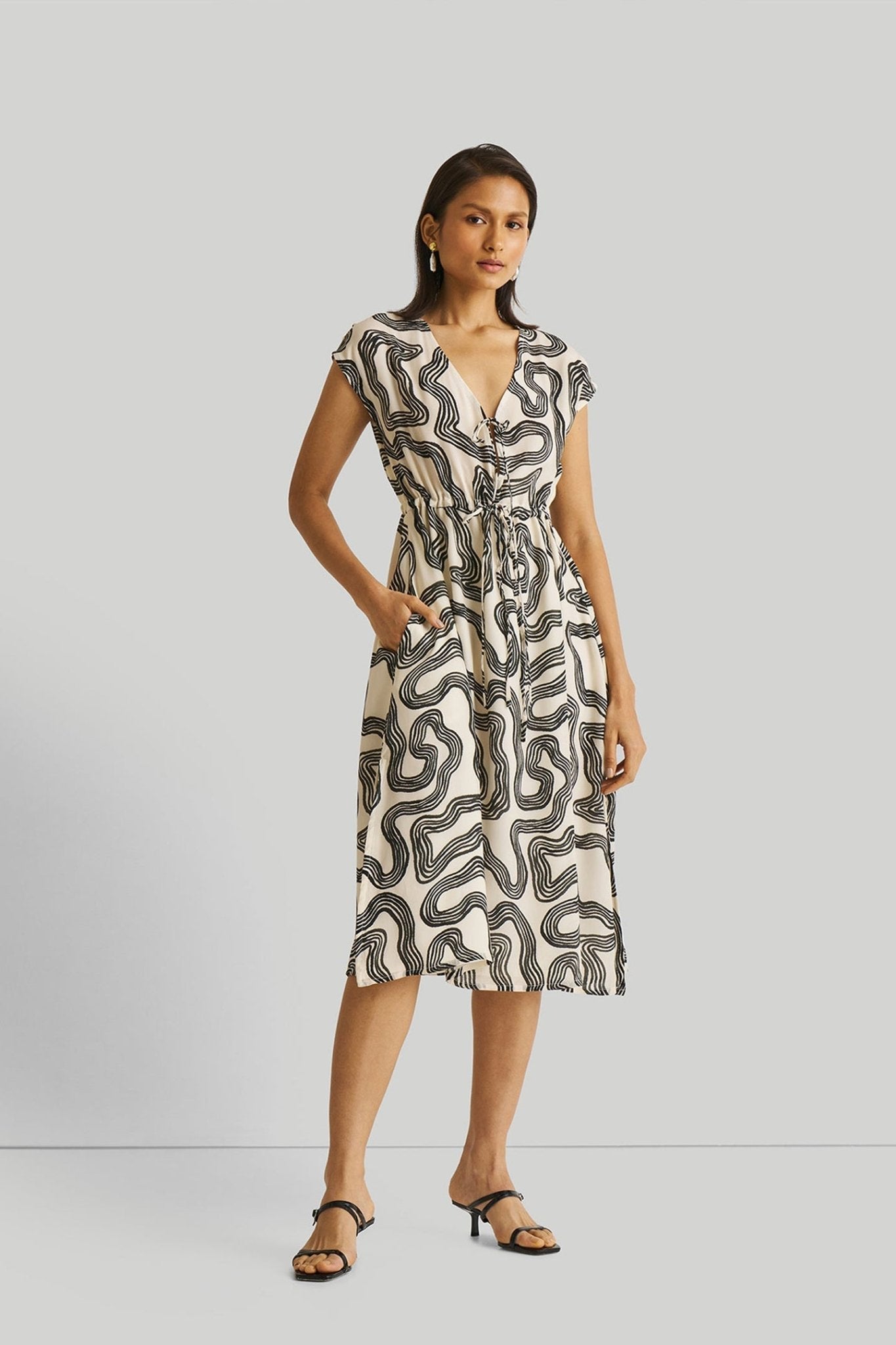 Deep V - neck Gathered Dress in Black Stripes - Eco4life Clothing and Accessories
