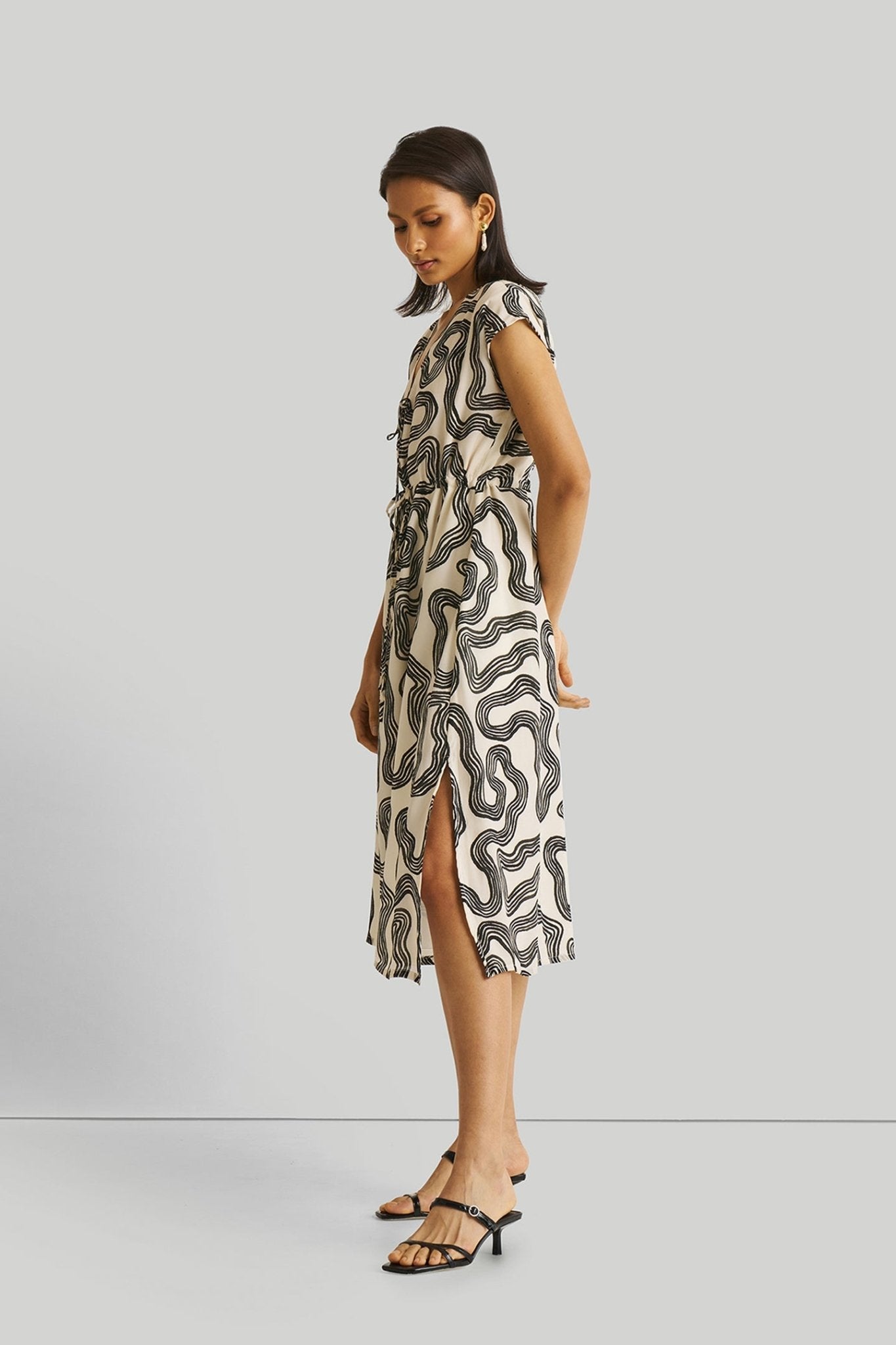 Deep V - neck Gathered Dress in Black Stripes - Eco4life Clothing and Accessories