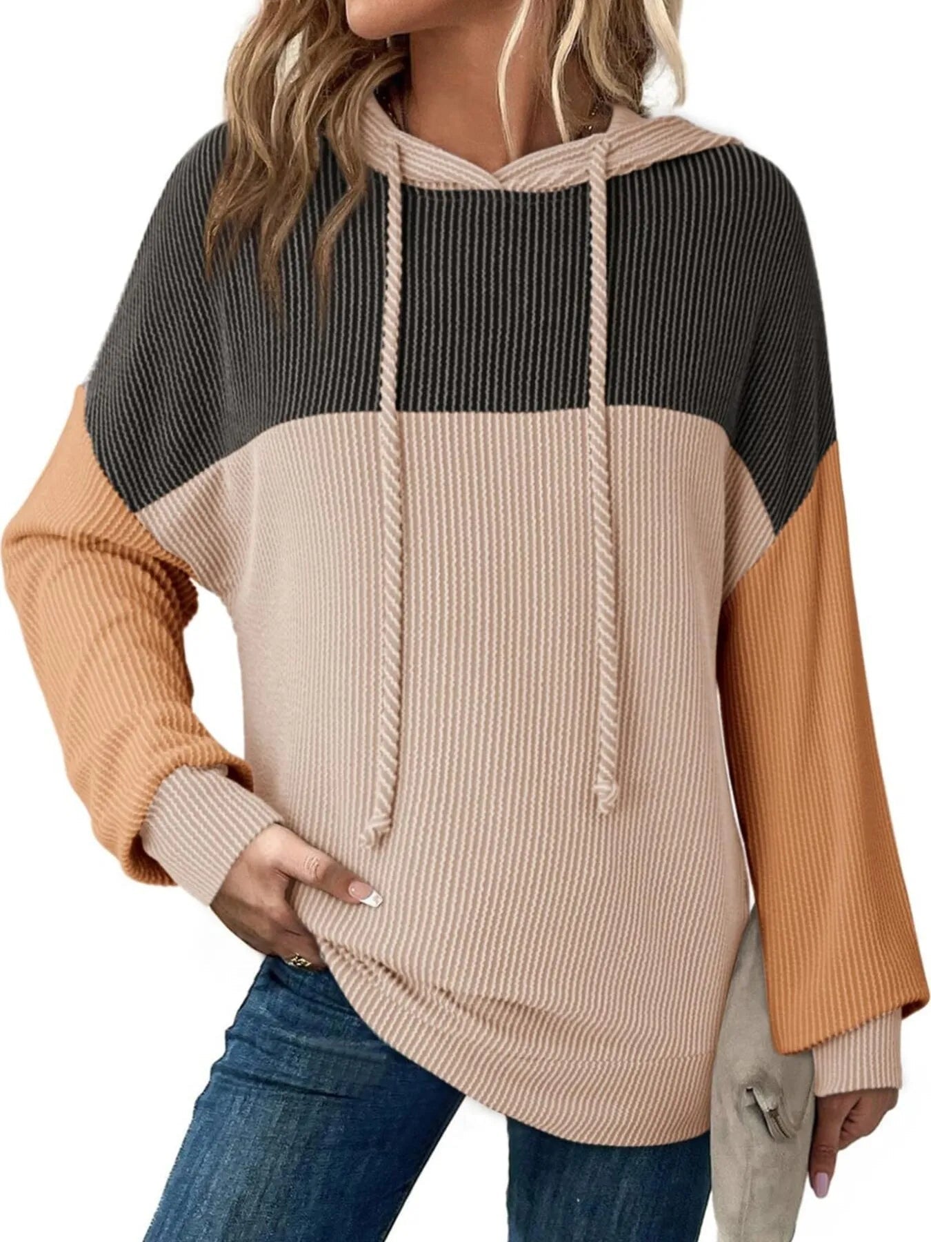 Drawstring Color Block Long Sleeve Hoodie - Eco4life Clothing and Accessories