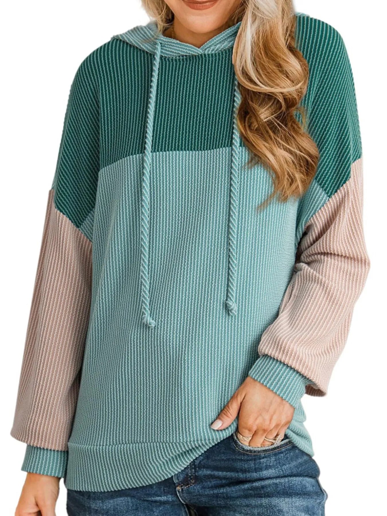Drawstring Color Block Long Sleeve Hoodie - Eco4life Clothing and Accessories