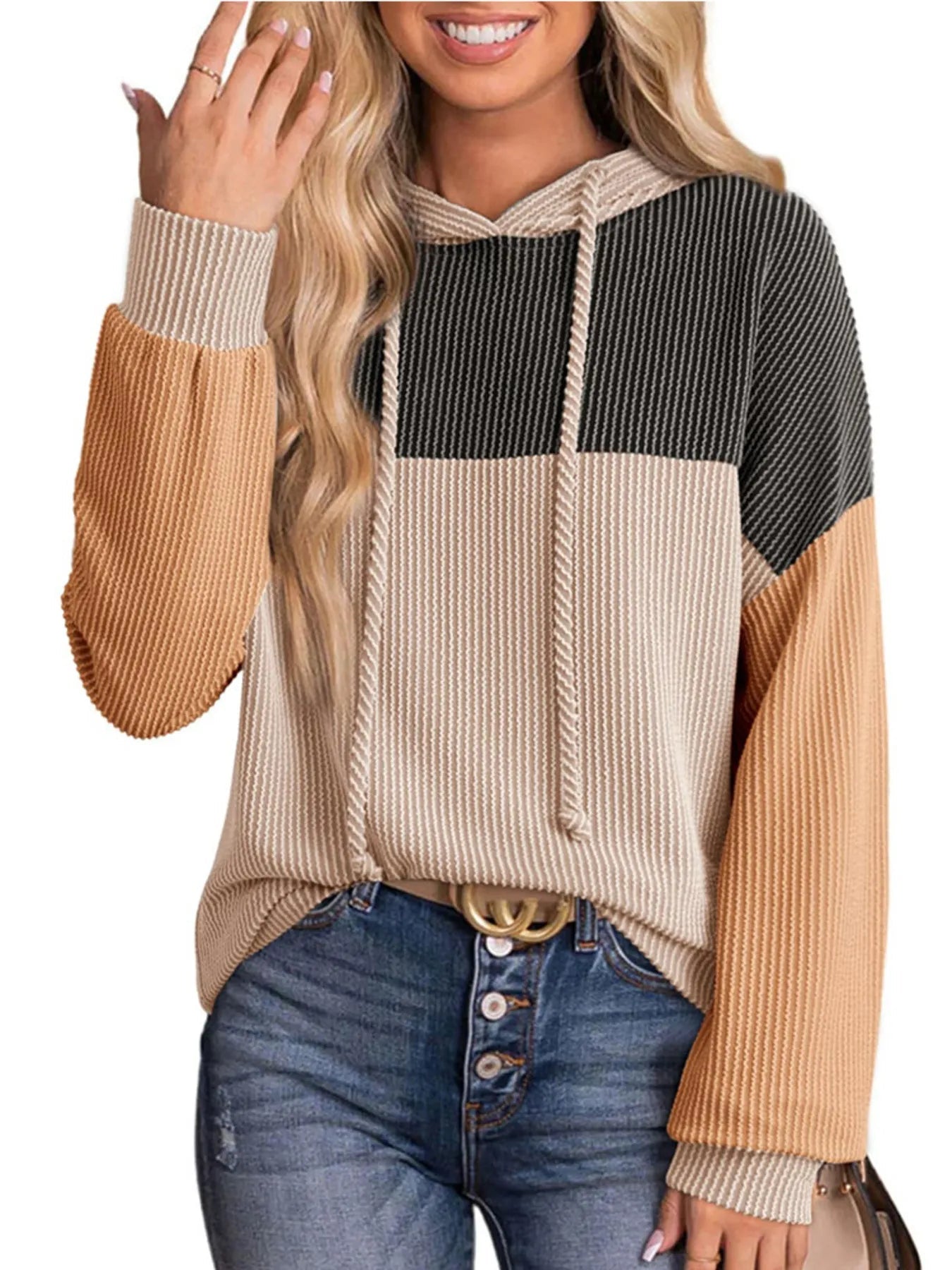 Drawstring Color Block Long Sleeve Hoodie - Eco4life Clothing and Accessories