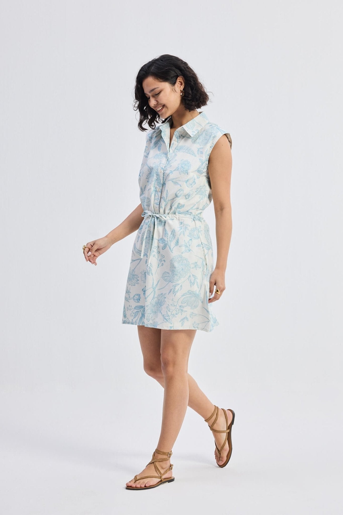 Drawstring Shirt Dress in Blue Florals - Eco4life Clothing and Accessories