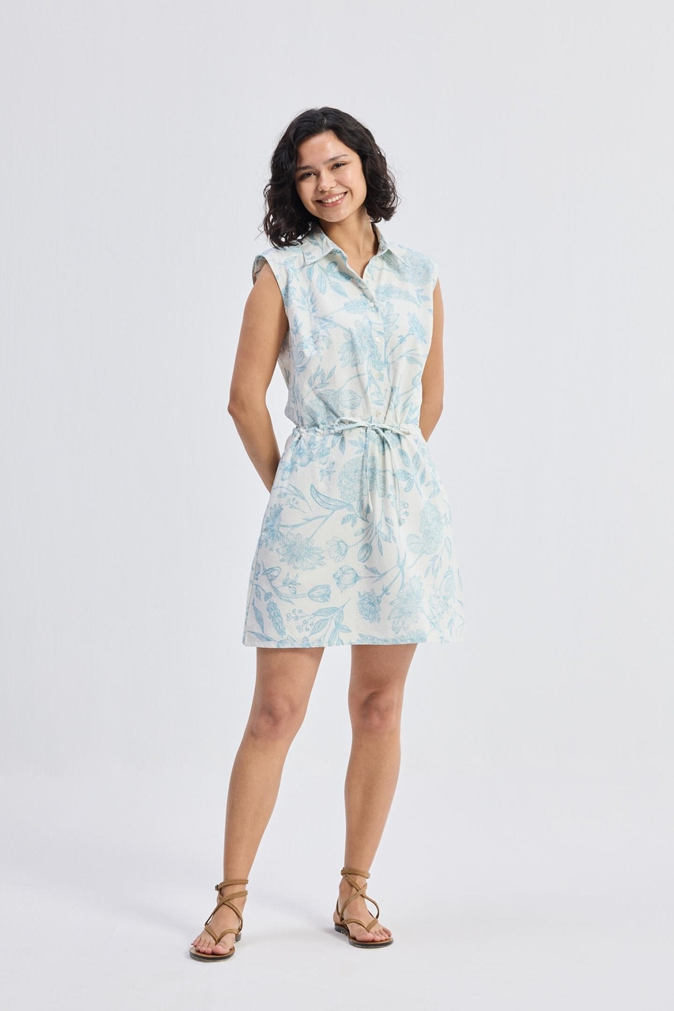 Drawstring Shirt Dress in Blue Florals - Eco4life Clothing and Accessories