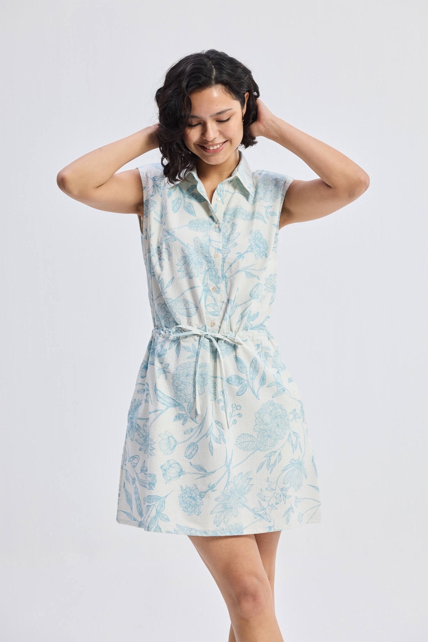 Drawstring Shirt Dress in Blue Florals - Eco4life Clothing and Accessories