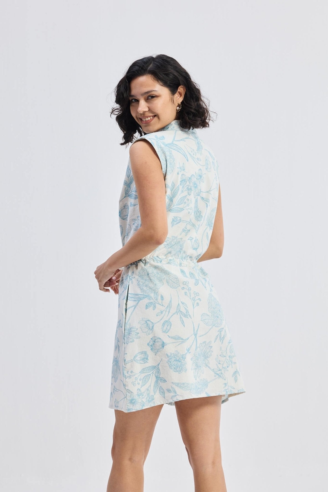 Drawstring Shirt Dress in Blue Florals - Eco4life Clothing and Accessories
