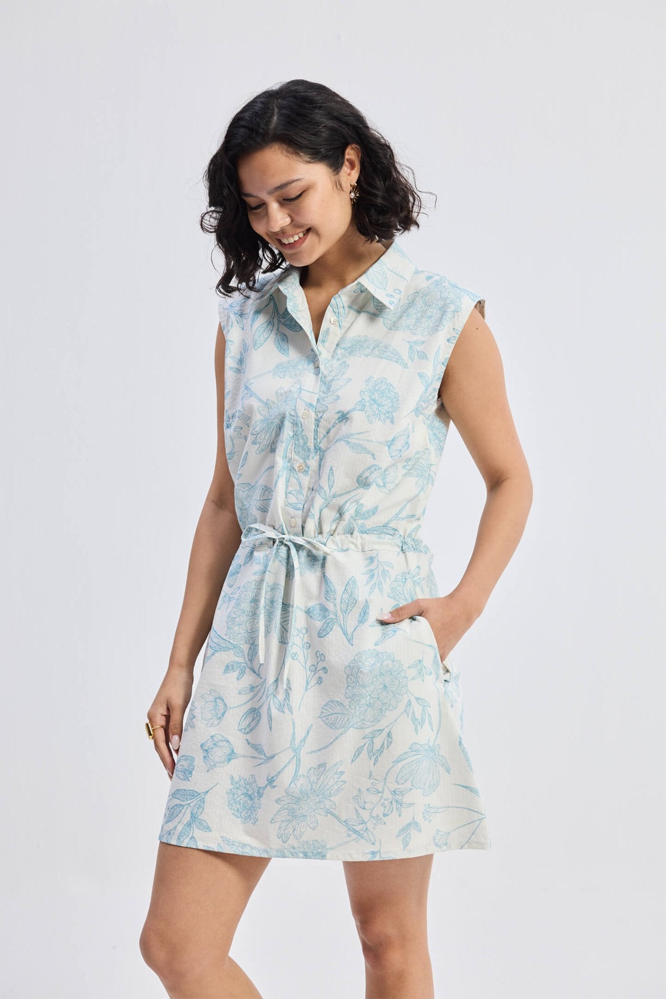 Drawstring Shirt Dress in Blue Florals - Eco4life Clothing and Accessories