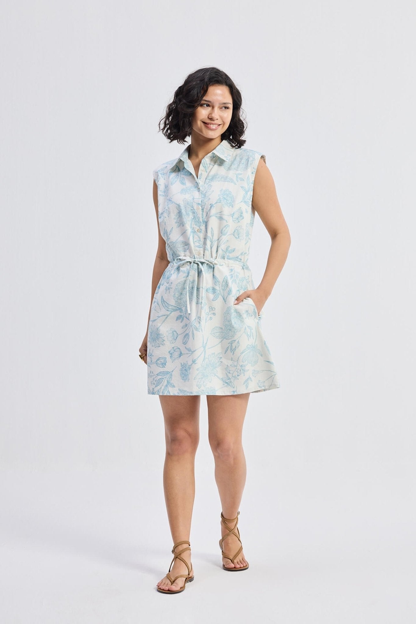 Drawstring Shirt Dress in Blue Florals - Eco4life Clothing and Accessories