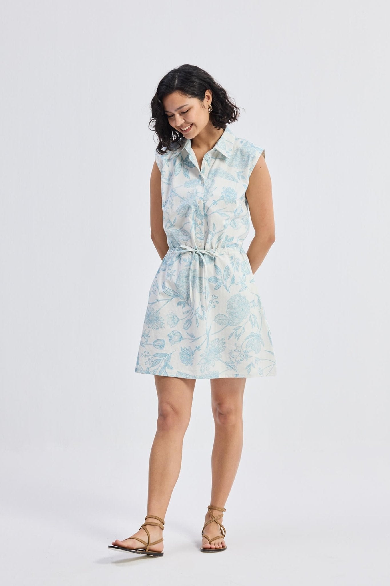 Drawstring Shirt Dress in Blue Florals - Eco4life Clothing and Accessories