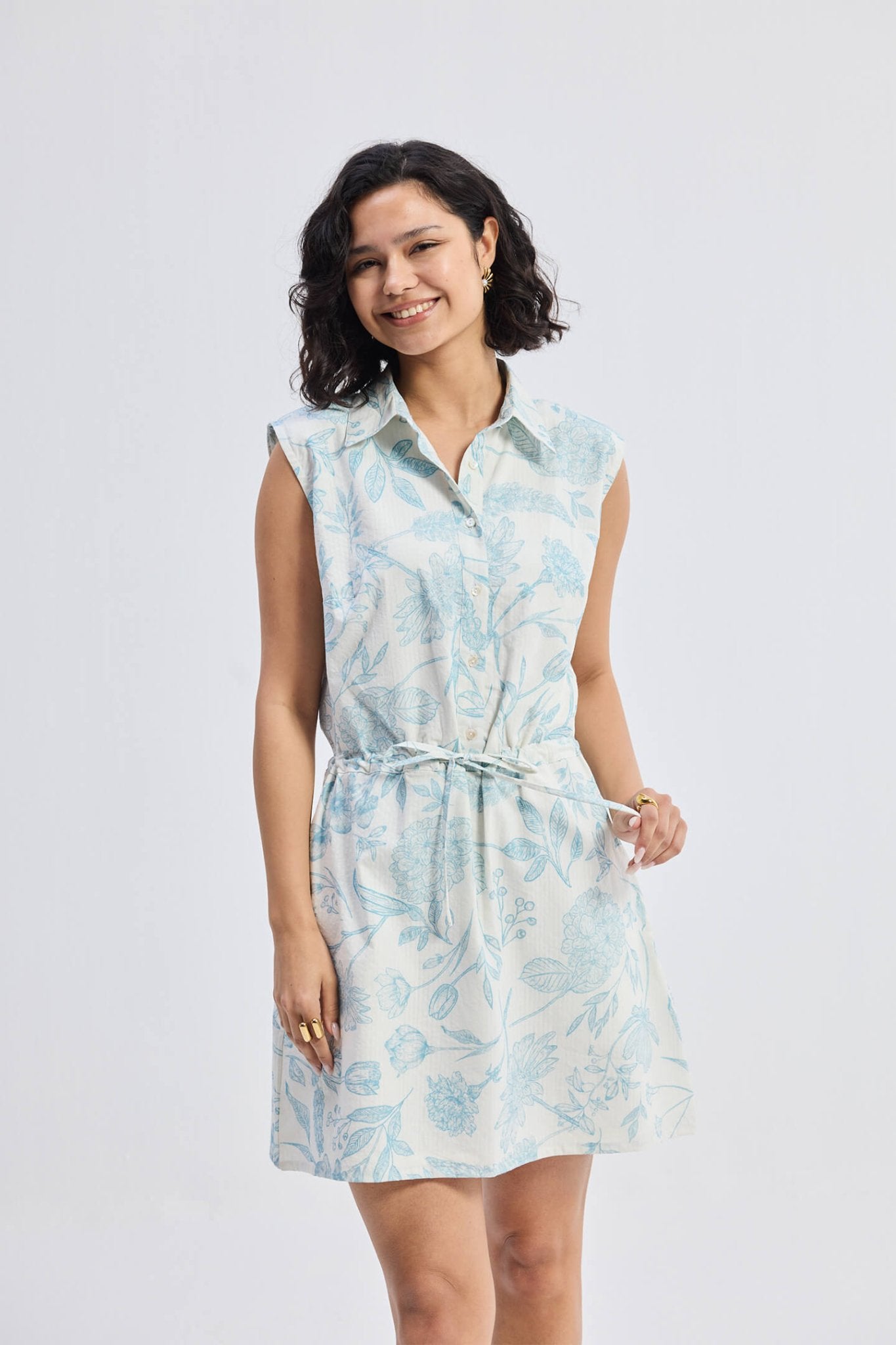 Drawstring Shirt Dress in Blue Florals - Eco4life Clothing and Accessories