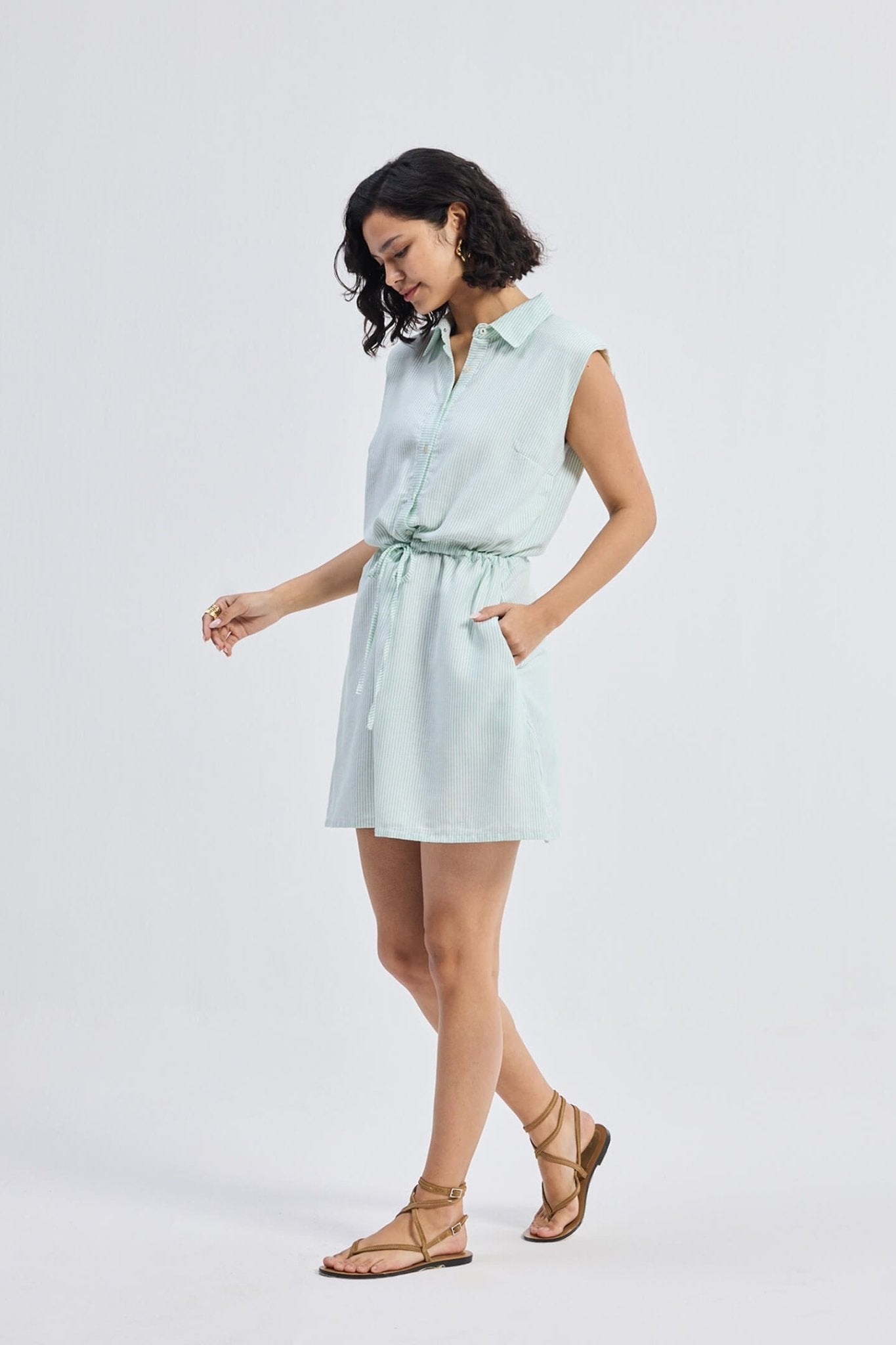 Drawstring Shirt Dress in Stripes - Eco4life Clothing and Accessories