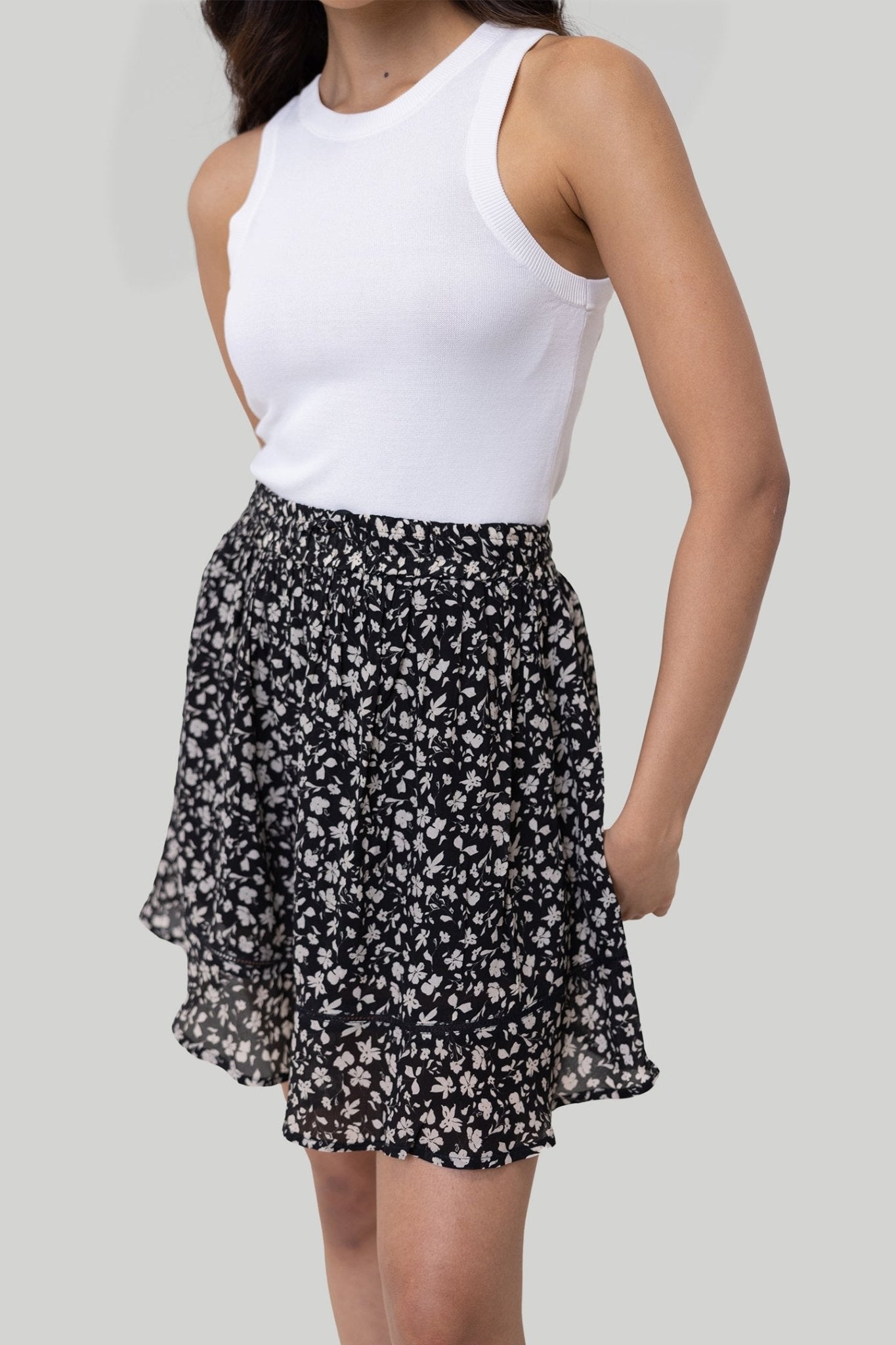 Drawstring Short Skirt in Black Floral - Eco4life Clothing and Accessories