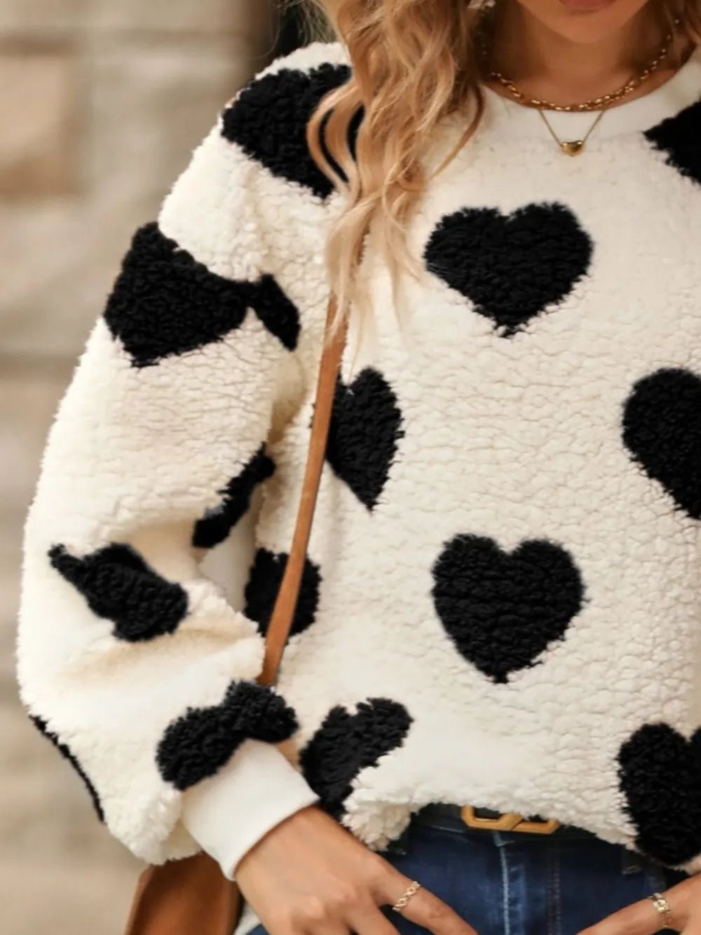 Fuzzy Heart Dropped Shoulder Sweatshirt - Eco4life Clothing and Accessories