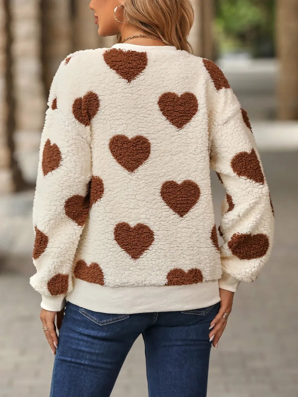 Fuzzy Heart Dropped Shoulder Sweatshirt - Eco4life Clothing and Accessories